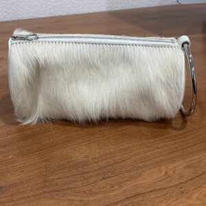 KARA Pebble Leather Duffel Wristlet Clutch Calf Hair Cowhide Off White Festival